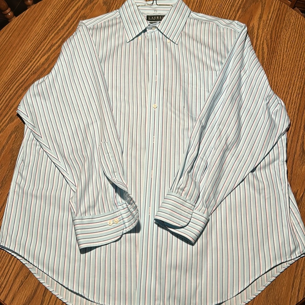 Ralph Lauren Classic Dress Shirt. Non iron. Blue & pinkish Striped on lite aqua
